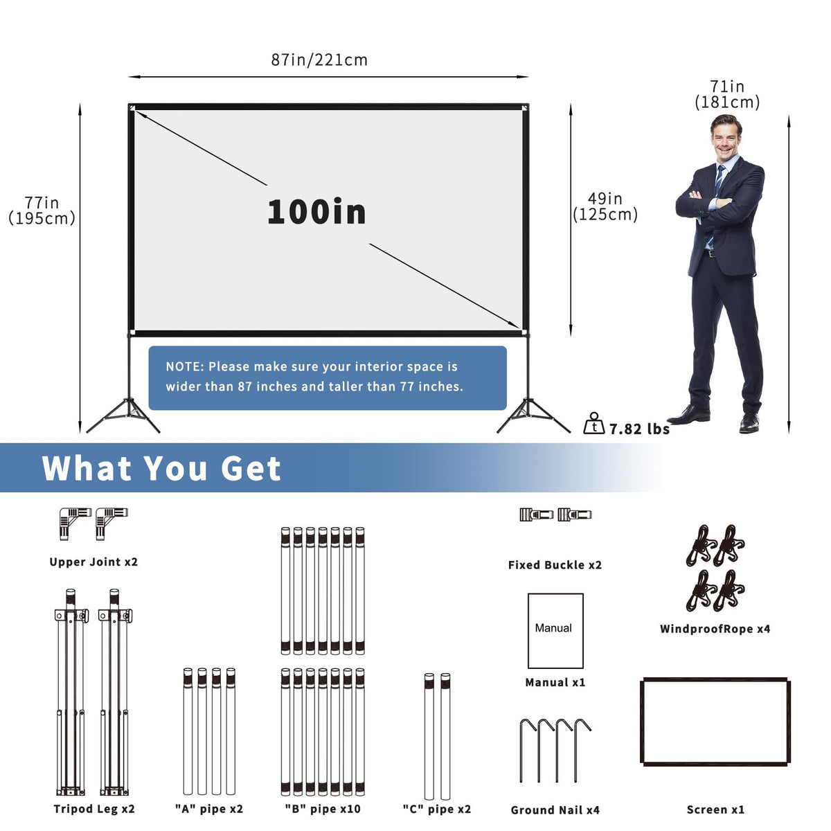 Projector Screen with Stand, 80 Inch Portable Projector Screen Outdoor Indoor, 1.2 Gain Fiberglass Projection Screen, 16:9 Outdoor Movie PVC Screen with Carrying Bag for Movie Night(White Screen)