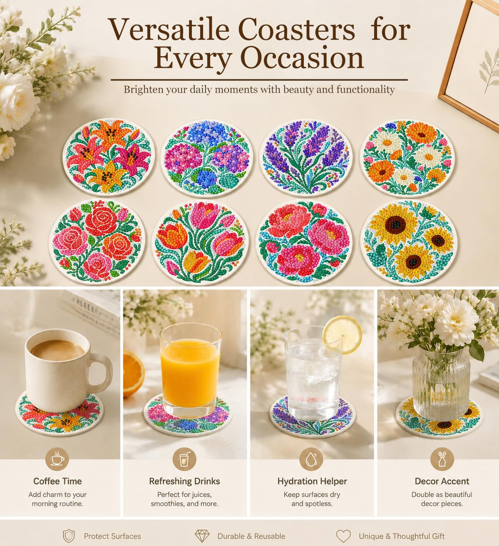 Puraikcmi 8PCs Diamond Paintings Coasters Kits Set, Funny Cat Diamond Art Coasters with Holder, DIY Crafts Diamond Art Kits Adult Craft Diamond Dots Gift