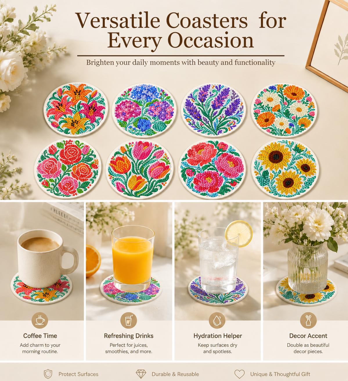 Puraikcmi 8PCs Diamond Paintings Coasters Kits Set, Funny Cat Diamond Art Coasters with Holder, DIY Crafts Diamond Art Kits Adult Craft Diamond Dots Gift