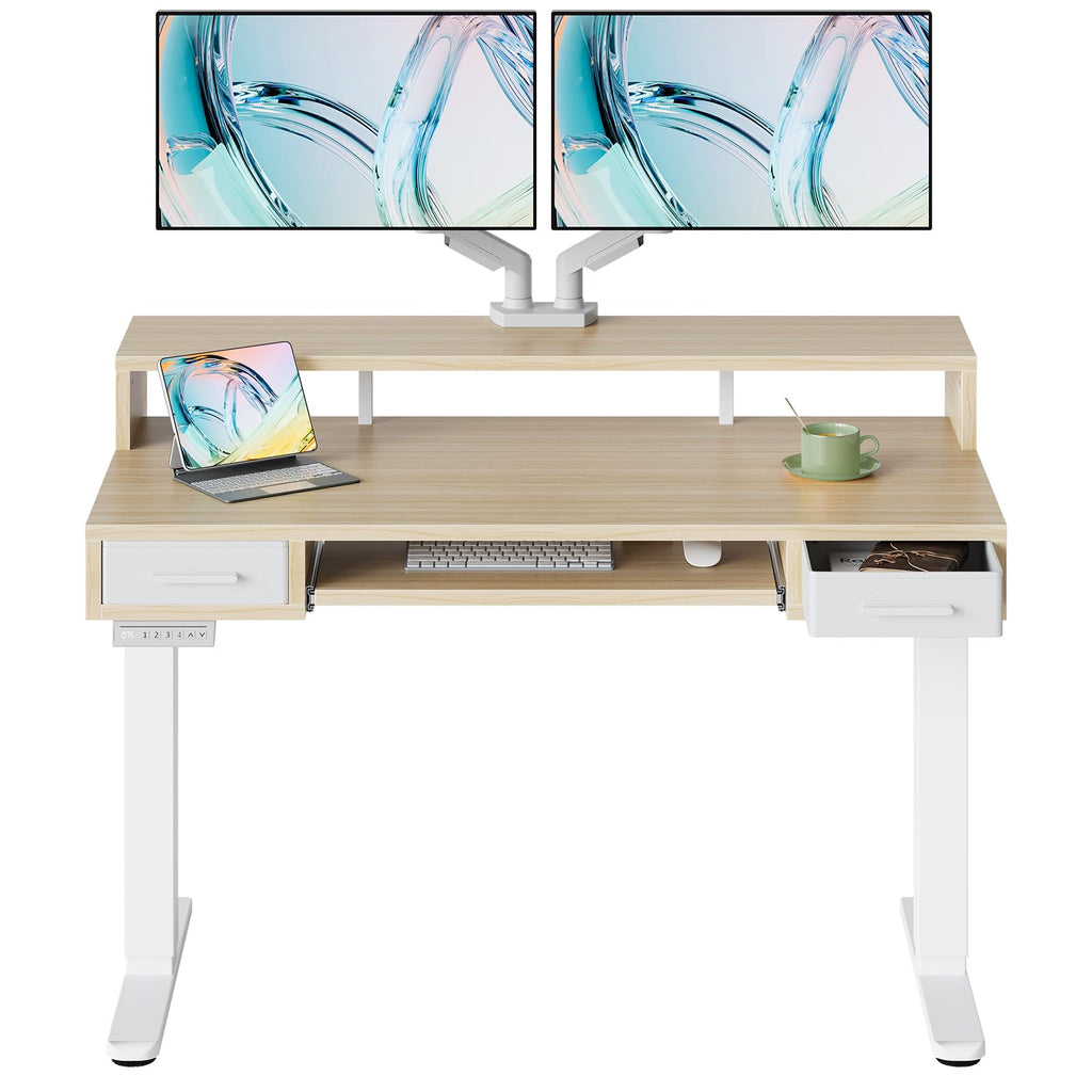 HUANUO 55″ x 26″ Electric Standing Desk with 2 Drawers &24.4″ Large Keyboard Tray, C-Clamp Mount Compatible, Adjustable Computer Desk for Office, Sit Stand Up Desk with 4 Height Presets, Light Walnut