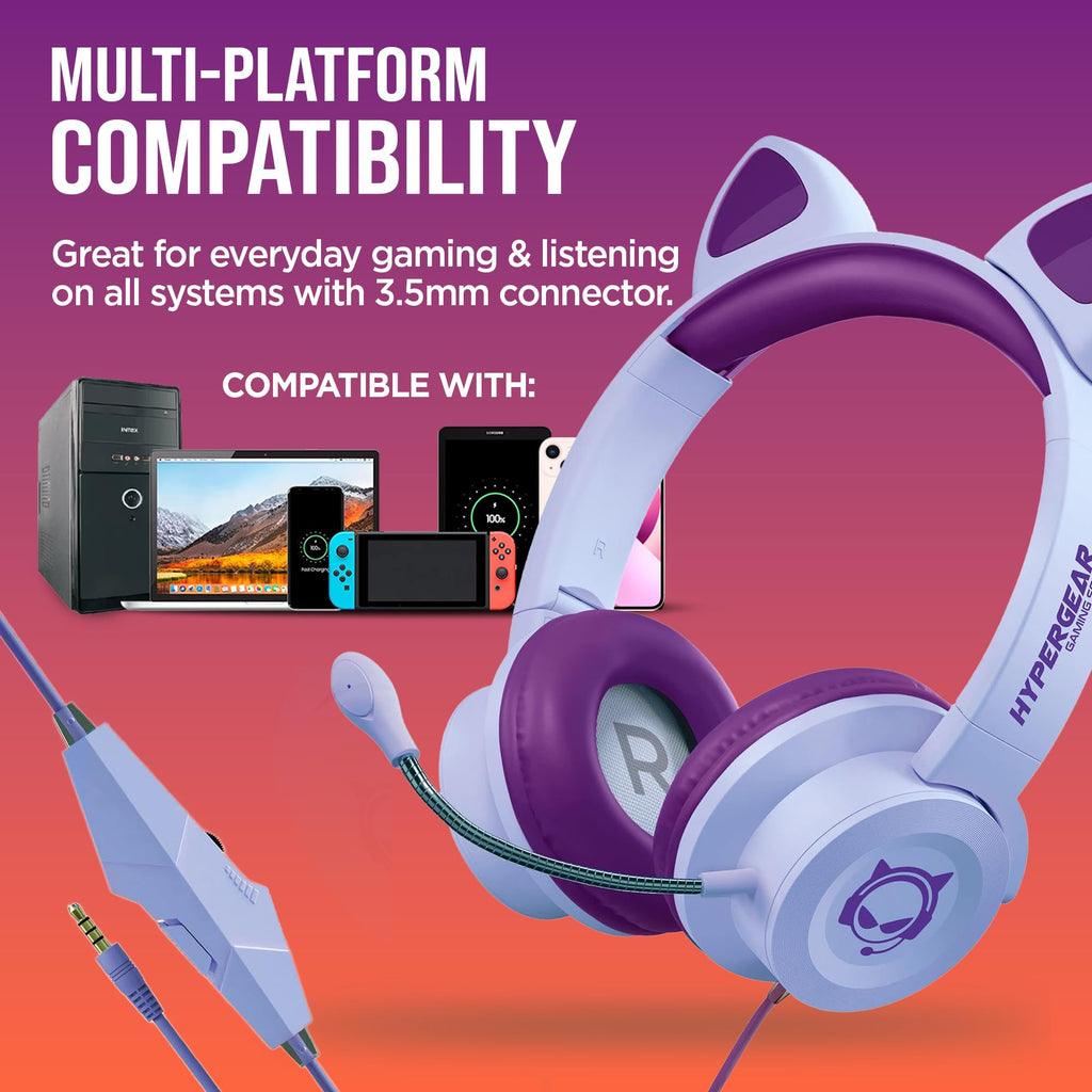 HyperGear Kombat Kitty Headphones for Kids - Cute Cat Ear Kids Headphones with Cord, Gaming Headset with Mic for Girls, Ideal for School, Home & Streaming, Pink