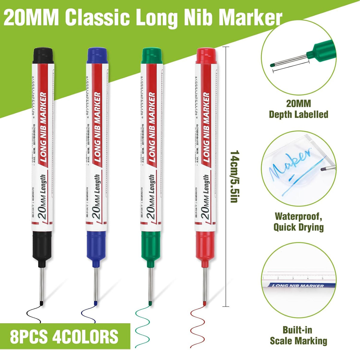 8pcs Long Nib Marker, Long Head Deep Hole Marker Pens, Waterproof Construction Markers Marking Tool, Multi-Purpose Deep Reach Pen Makes For Metal, Carpenter, Woodworking, Gift for Father's Day