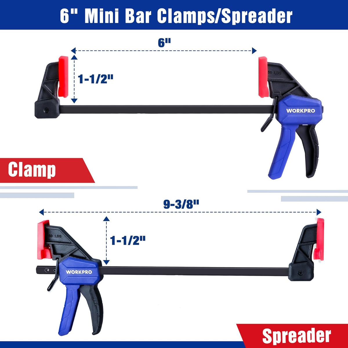 WORKPRO 6" Mini Bar Clamps for Woodworking, 50 lbs Load Limit, 2-Pack