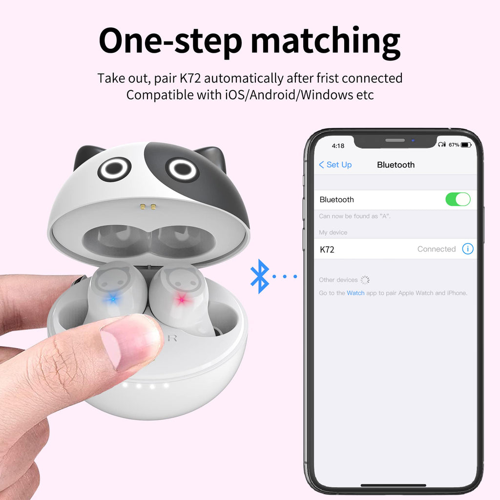 Wireless Earbuds for Kids, Headphones with Cute Panda Charging Case with Mic, Noise Cancelling,Typ-C, 3D Stereo Waterproof Bluetooth Buds for Sport & Outwork,3 x Ear caps(S,M,L)