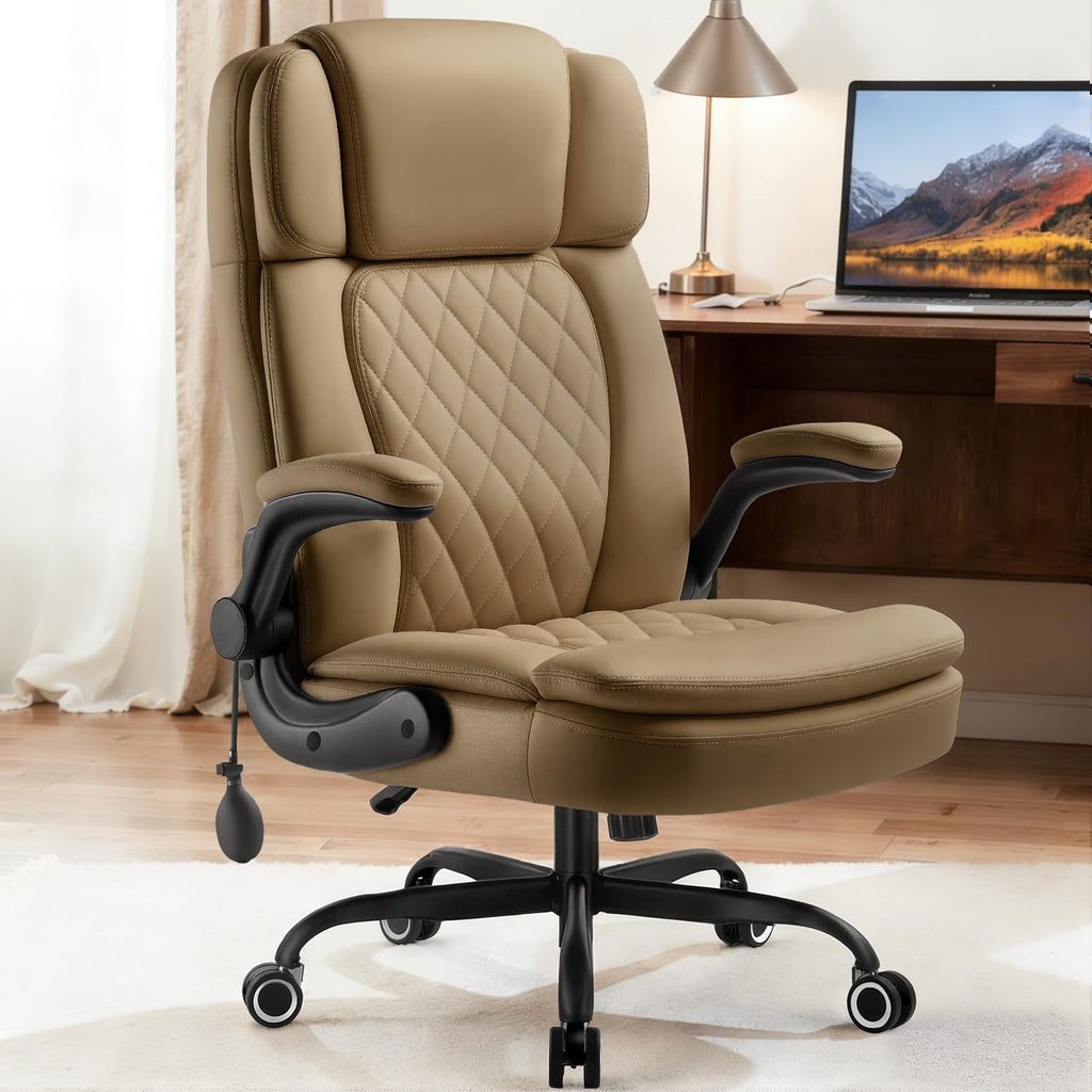 450LBS Big and Tall Executive Office Chair with Flip up Arm, Heavy Duty PU Leather Computer Desk Chair,Comfortable High Back Swivel Home Office Chair with Rolling for Adults,Spring Cushion,Metal Base