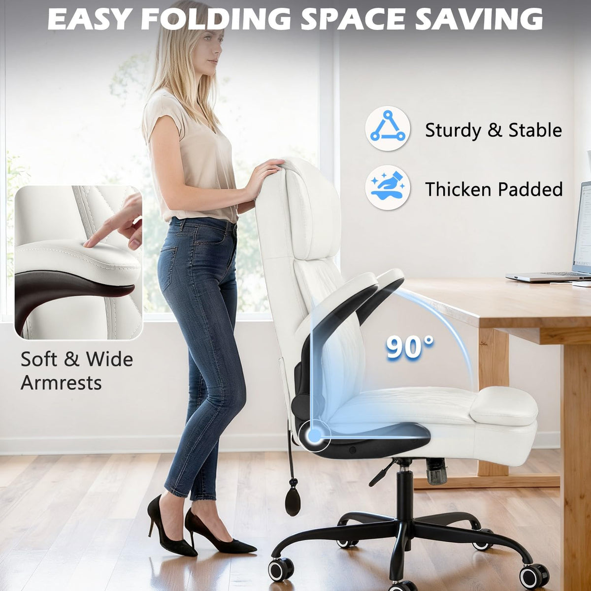 450LBS Big and Tall Executive Office Chair with Flip up Arm, Heavy Duty PU Leather Computer Desk Chair,Comfortable High Back Swivel Home Office Chair with Rolling for Adults,Spring Cushion,Metal Base