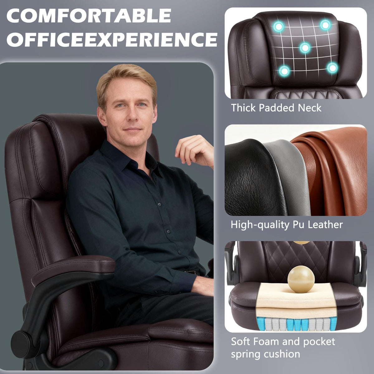 450LBS Big and Tall Executive Office Chair with Flip up Arm, Heavy Duty PU Leather Computer Desk Chair,Comfortable High Back Swivel Home Office Chair with Rolling for Adults,Spring Cushion,Metal Base