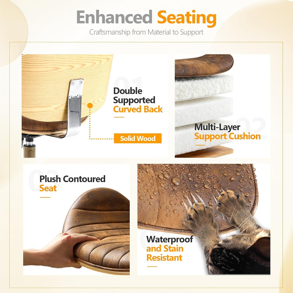 VINGLI Wide Comfotable Swivel Home Office Chair with Wood-Grain Curved Shell,Ergomomic Mid-Back Padded Armless Modern Desk Chair with Wheels,Height Adjustable for Computer,Task,Work,Microfiber,Rustic