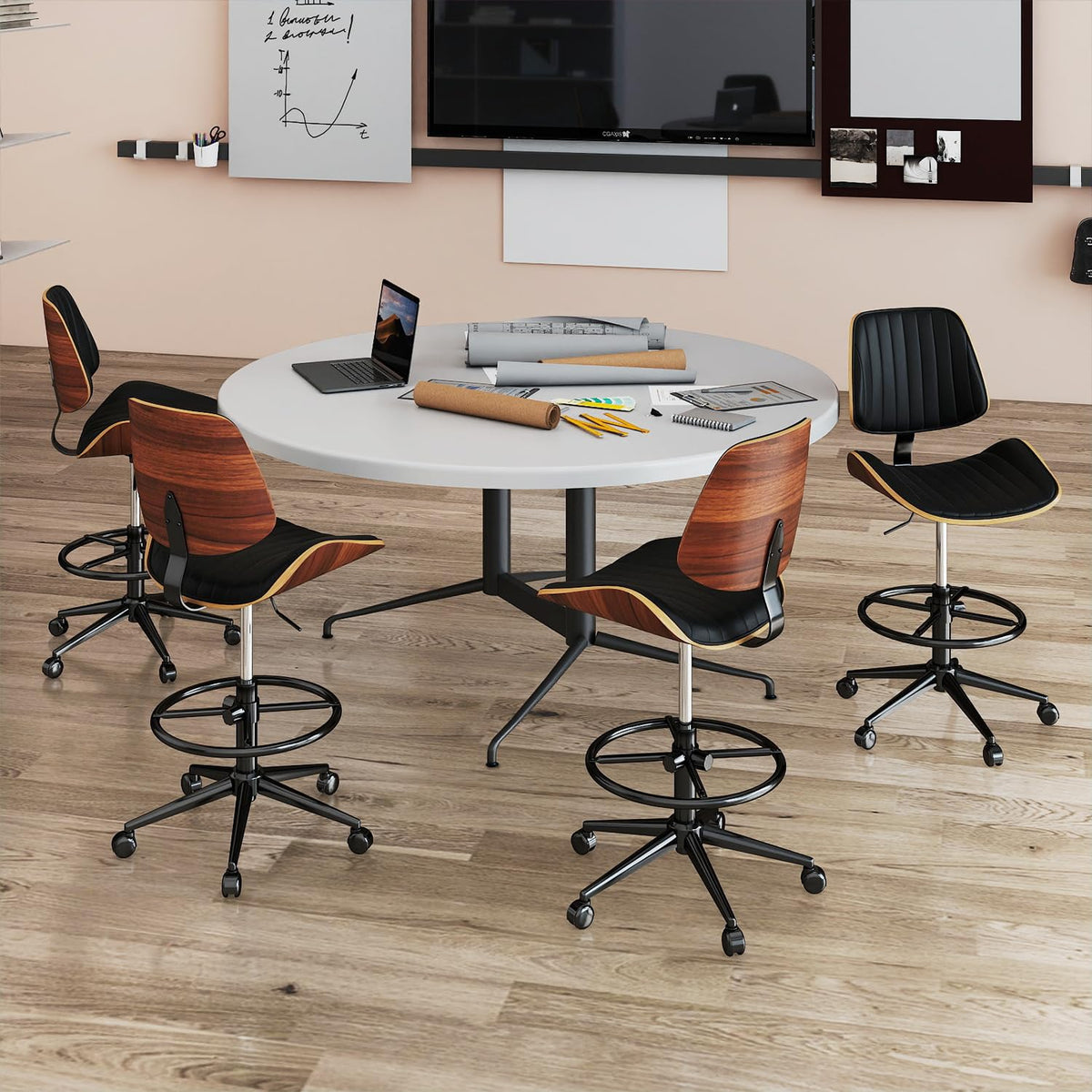 Drafting Chair, Ergonomic Office Chair with Walnut Wood Back Support, Armless PU Leather Desk Chair with Height-Adjustable, Thick Cushion for Home Office, Drafting, Art Studio (Beige)