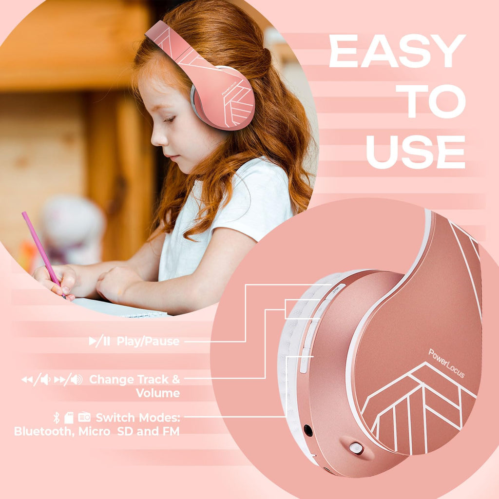 PowerLocus Kids Headphones Over-Ear, Bluetooth Wireless Headphones for Kids,with Microphone, Safe 85DB Volume Limited, Foldable with Carry Case, Audio Cable, Micro SD mode for Online Classes,PC,Phones