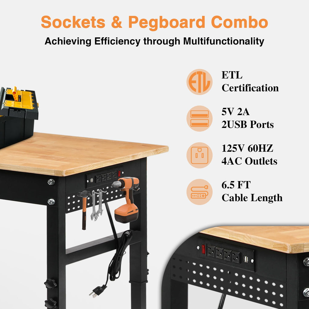 Betterhood 48" Heavy-Duty Adjustable Workbench for Garage, Rubber Wood Shop Table W/Metal Wheels, Hardwood Workstation Weight Capacity Over 2000 Lbs with Wheels