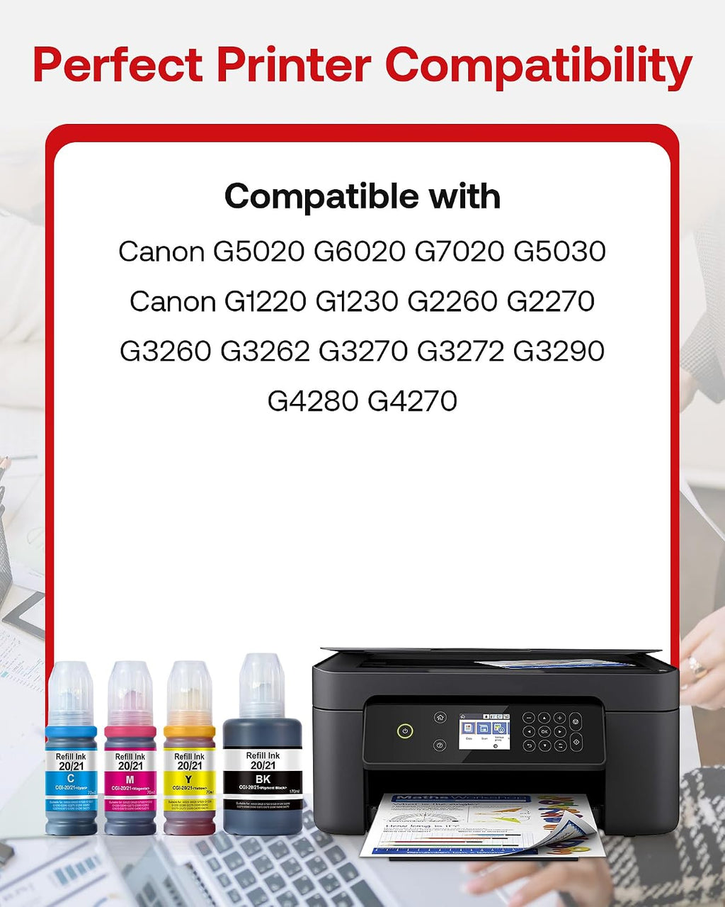 GI-20 GI-21 Refill Ink Replacement for GI20 GI21 Ink Refill Bottles Kit Compatible with Canon PIXMA G6020 G7020 G5020 G5030 G3260 G3270 G2260 G1220 G1230 G2270 MegaTank, 4-Pack 170ML Black, 70ML Color