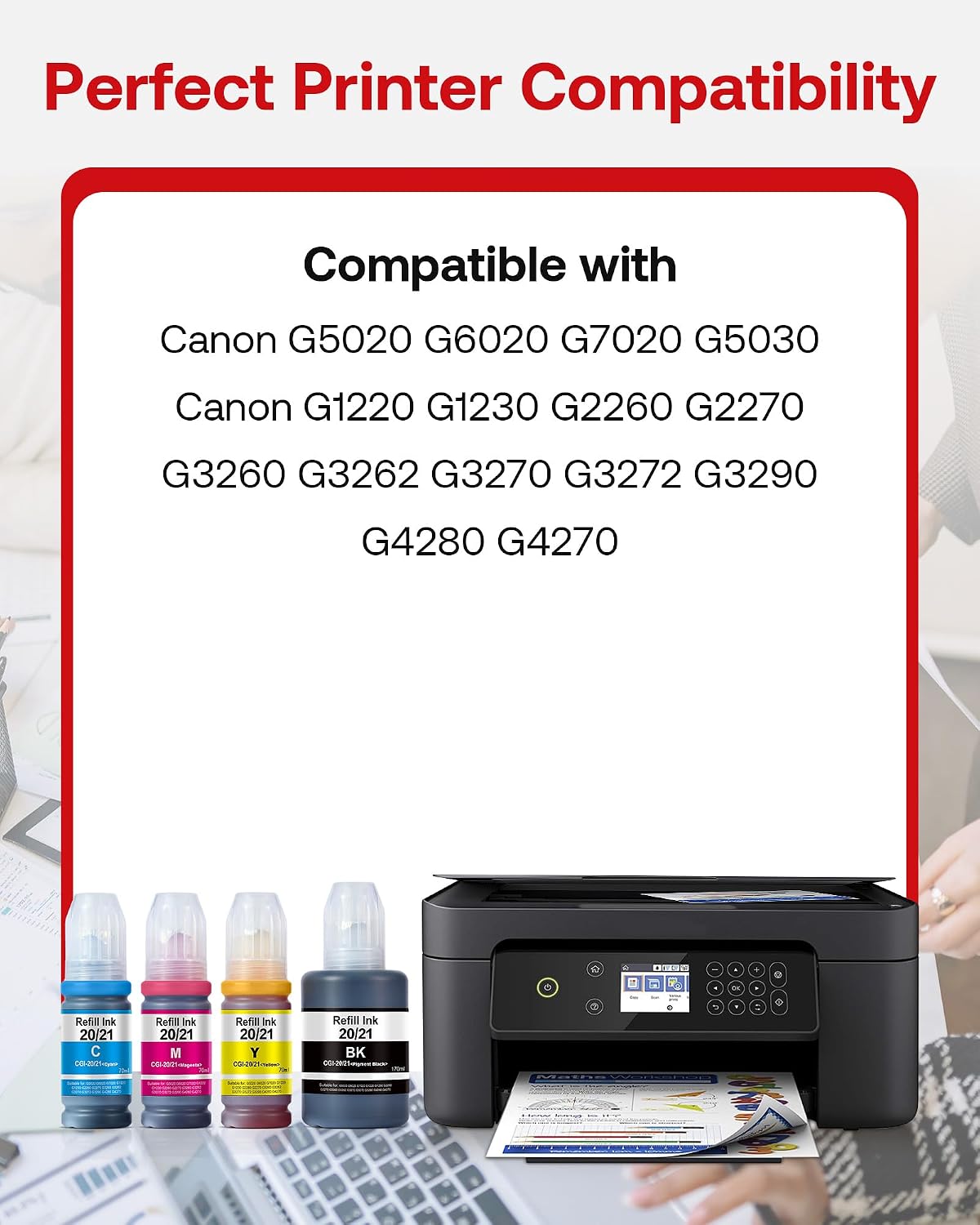 GI-20 GI-21 Refill Ink Replacement for GI20 GI21 Ink Refill Bottles Kit Compatible with Canon PIXMA G6020 G7020 G5020 G5030 G3260 G3270 G2260 G1220 G1230 G2270 MegaTank, 4-Pack 170ML Black, 70ML Color