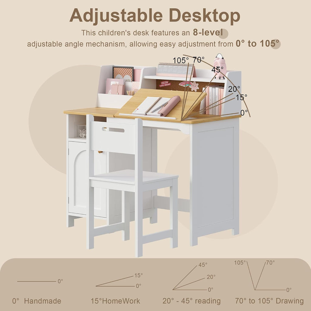 Treocho Kids Study Desk and Chair Set with Tiltable Desktop for 3-8 Years