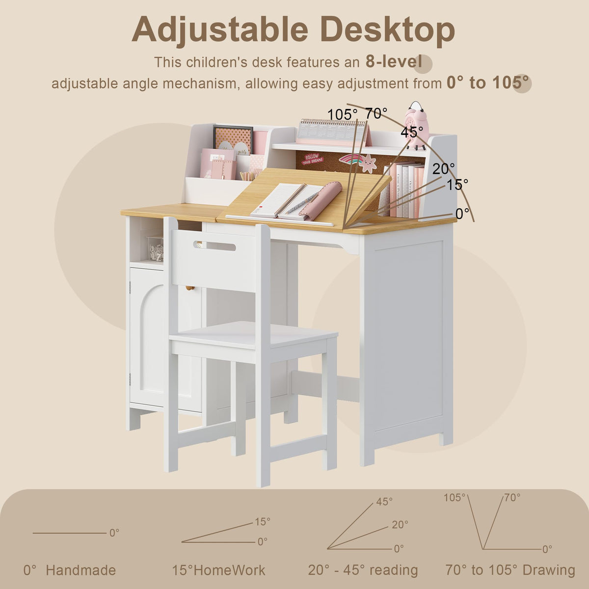 Treocho Kids Study Desk and Chair Set with Tiltable Desktop for 3-8 Years