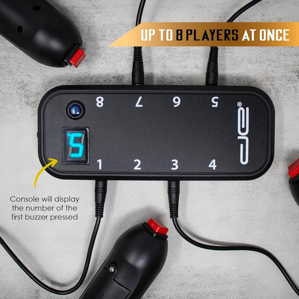 Digital Energy Handheld Game System - Console Displays First Buzz-in - Great for Jeopardy, Family Feud, Trivia and Buzzer Games - Console with 4 Joystick Buzzers