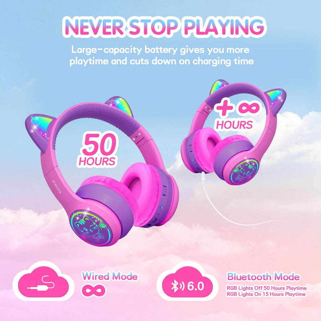 IFECCO Kids Bluetooth Headphones with Case,Cute LED Light Up Cat Ears