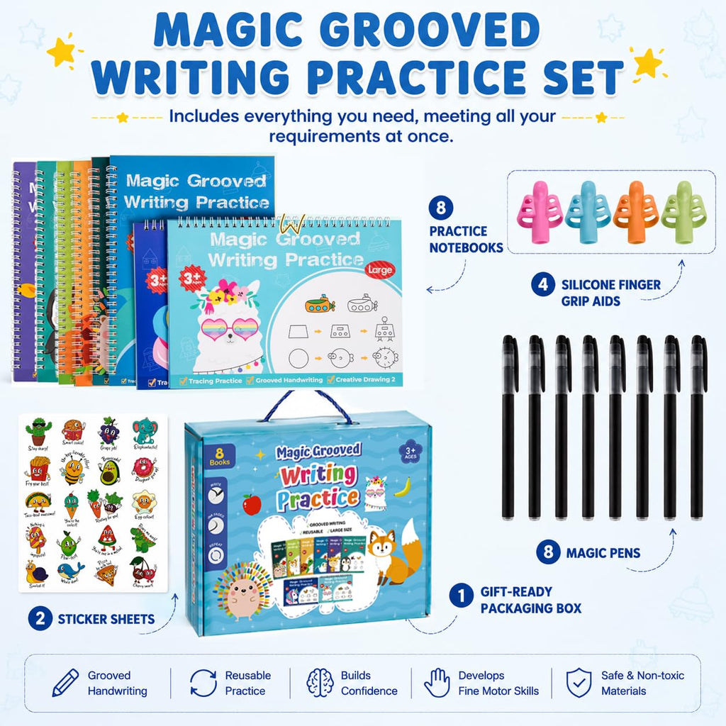 Magic Grooved Writing Practice, Tiny Thinkers Reusable Indented Handwriting Practice for Kids 3-5, Your Little Explorer Motor Magic Happy Writer System Children Set Age 6-8 for Preschool Kindergarten
