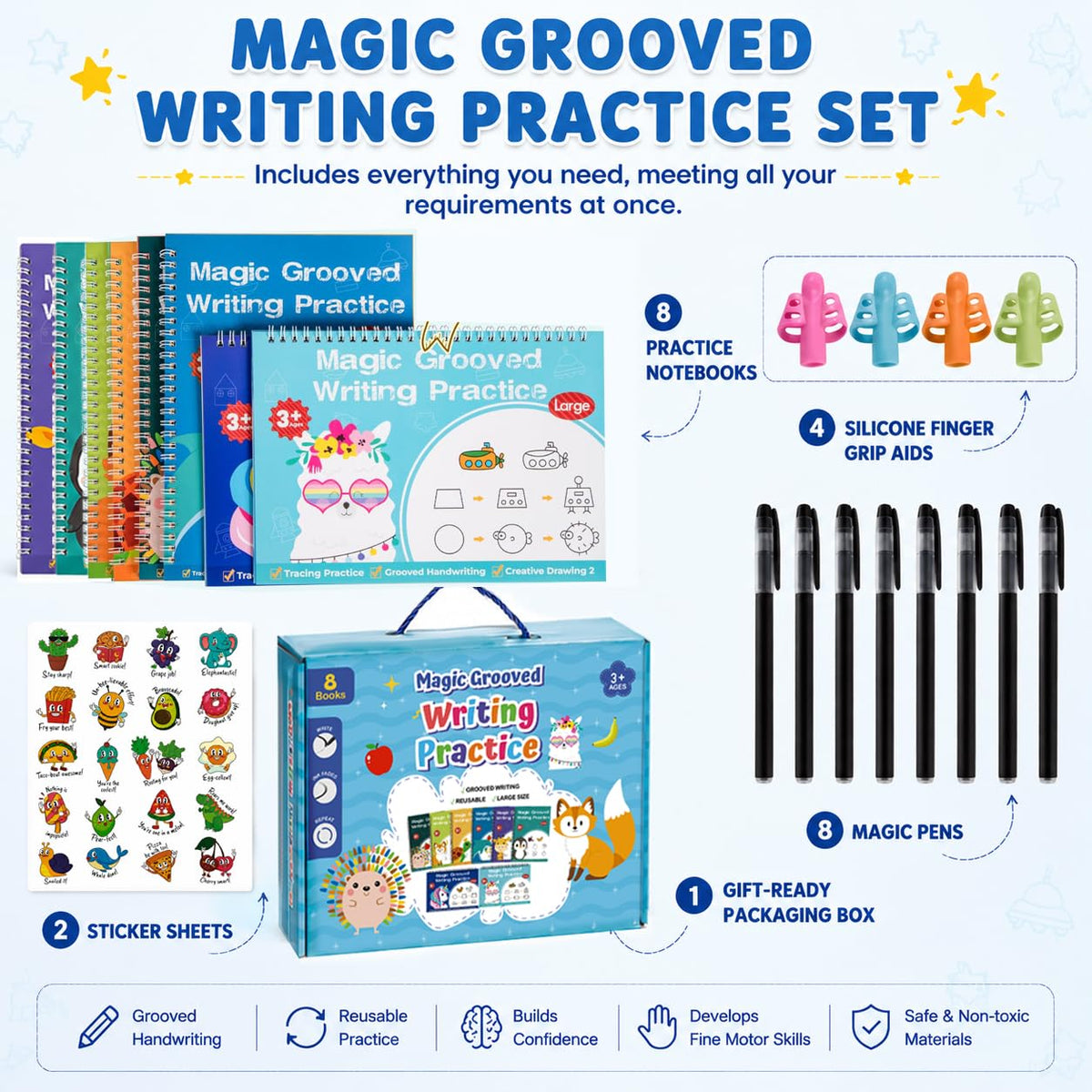 Magic Grooved Writing Practice, Tiny Thinkers Reusable Indented Handwriting Practice for Kids 3-5, Your Little Explorer Motor Magic Happy Writer System Children Set Age 6-8 for Preschool Kindergarten