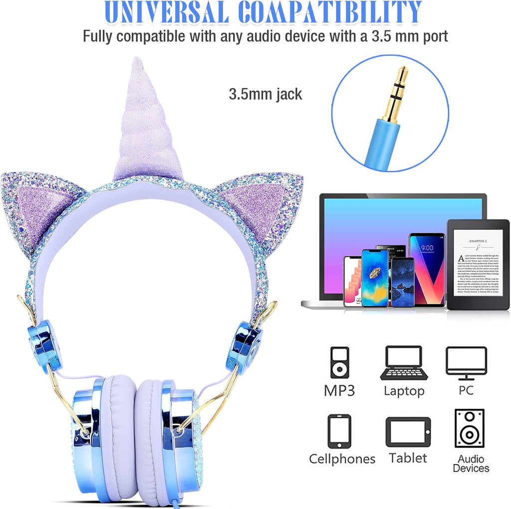 TCJJ Unicorn Kids Wired Headphones with Mic, 3.5mm Jack, On Ear