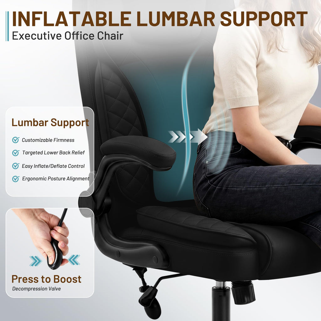 Ergonomic Office Chair, PU Leather High Back Executive Chair with Adjustable Inflatable Lumbar Support and Padded Flip-Up Arms, Recline Swivel Task Computer Chair for Home Office, Khaki