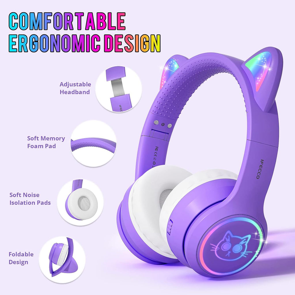 IFECCO Kids Bluetooth Headphones with Case,Cute LED Light Up Cat Ears