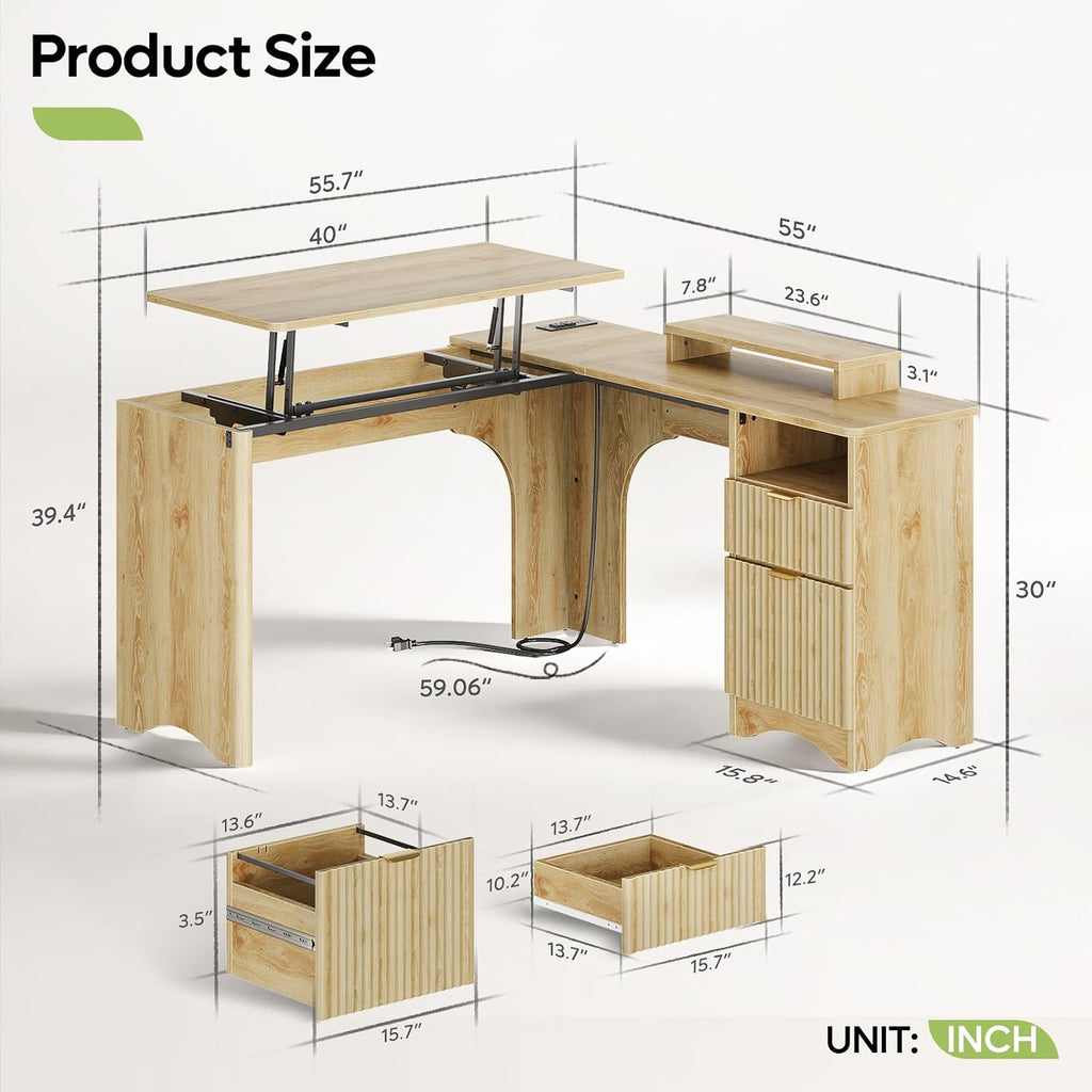 Bestier: 55" L-Shaped Student Study Desk with Manual Lift Top, USB Charging & File Drawer