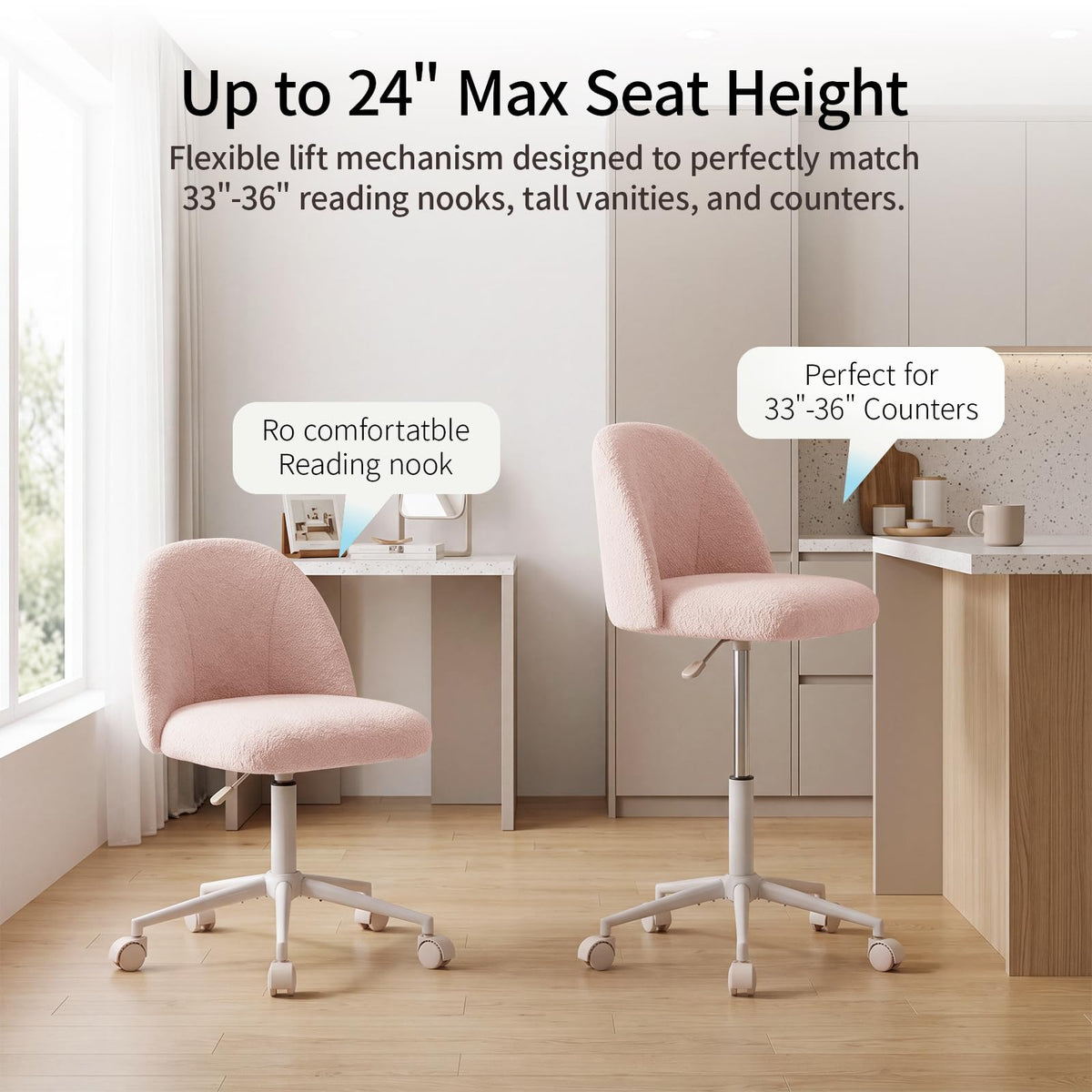 White Vanity Chair with Wheels＆Back, Armless Cute Desk Chair