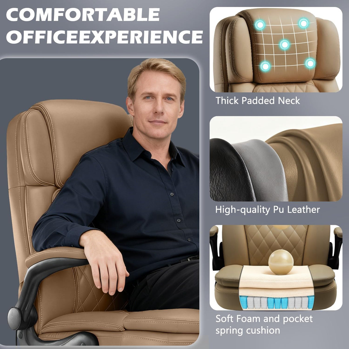 450LBS Big and Tall Executive Office Chair with Flip up Arm, Heavy Duty PU Leather Computer Desk Chair,Comfortable High Back Swivel Home Office Chair with Rolling for Adults,Spring Cushion,Metal Base