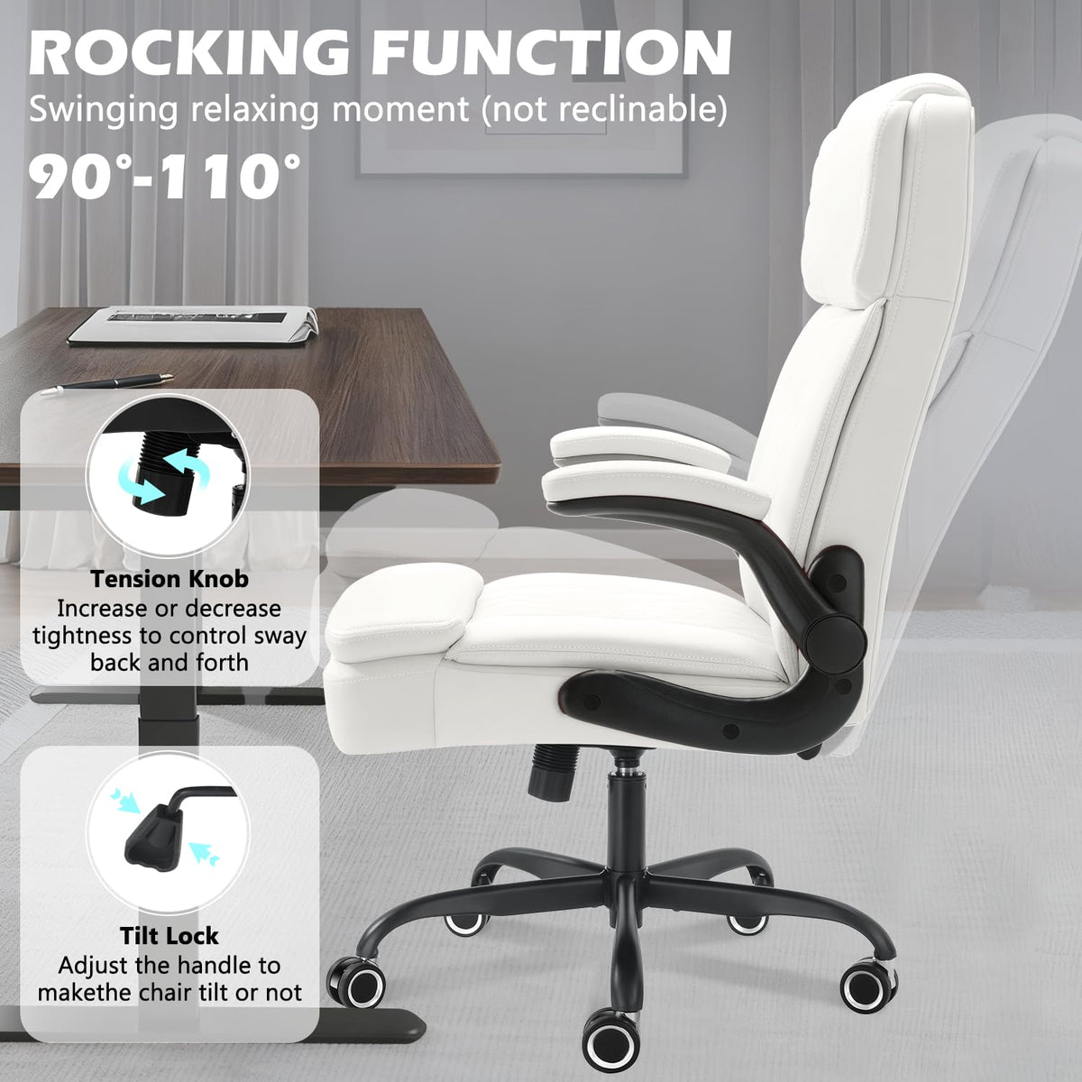 450LBS Big and Tall Executive Office Chair with Flip up Arm, Heavy Duty PU Leather Computer Desk Chair,Comfortable High Back Swivel Home Office Chair with Rolling for Adults,Spring Cushion,Metal Base