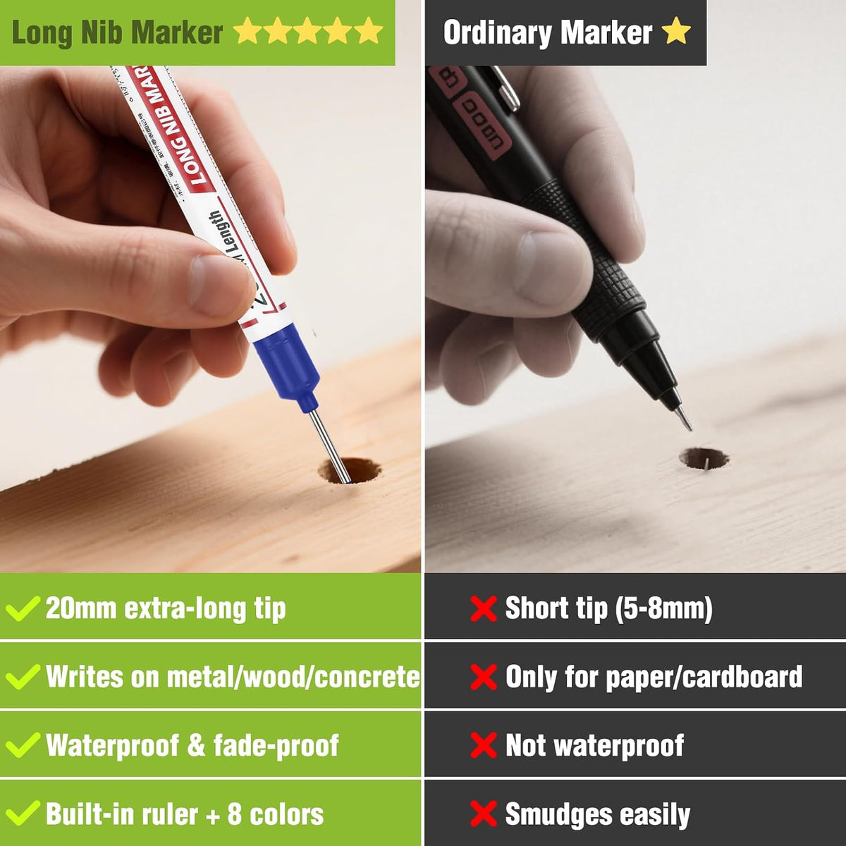 8pcs Long Nib Marker, Long Head Deep Hole Marker Pens, Waterproof Construction Markers Marking Tool, Multi-Purpose Deep Reach Pen Makes For Metal, Carpenter, Woodworking, Gift for Father's Day