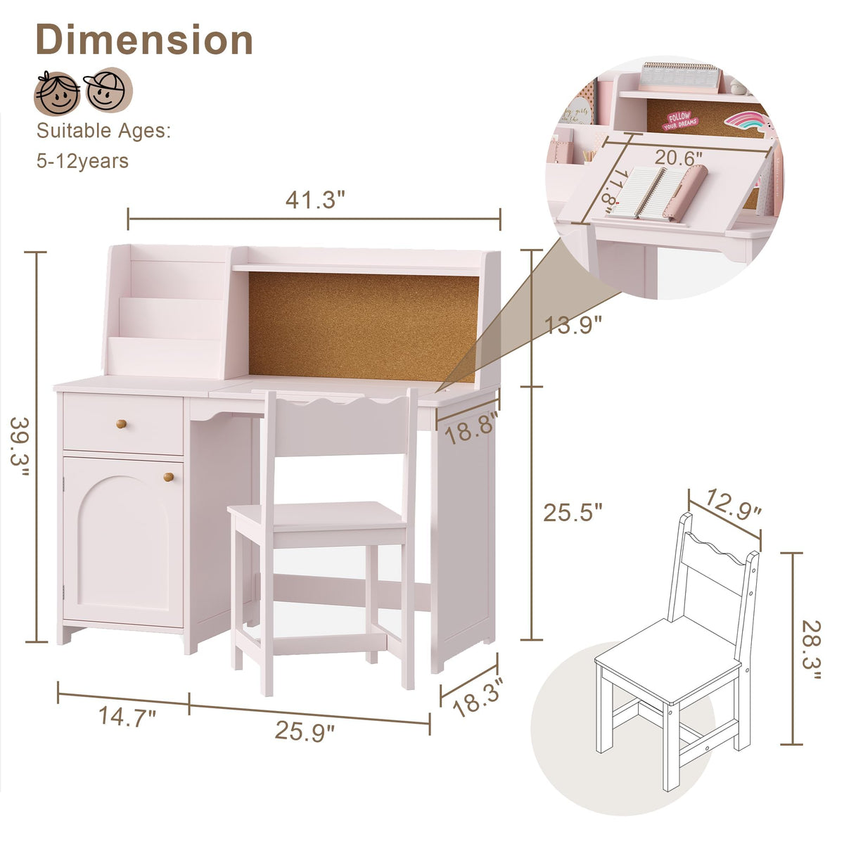 Treocho Kids Study Desk and Chair Set with Tiltable Desktop for 3-8 Years