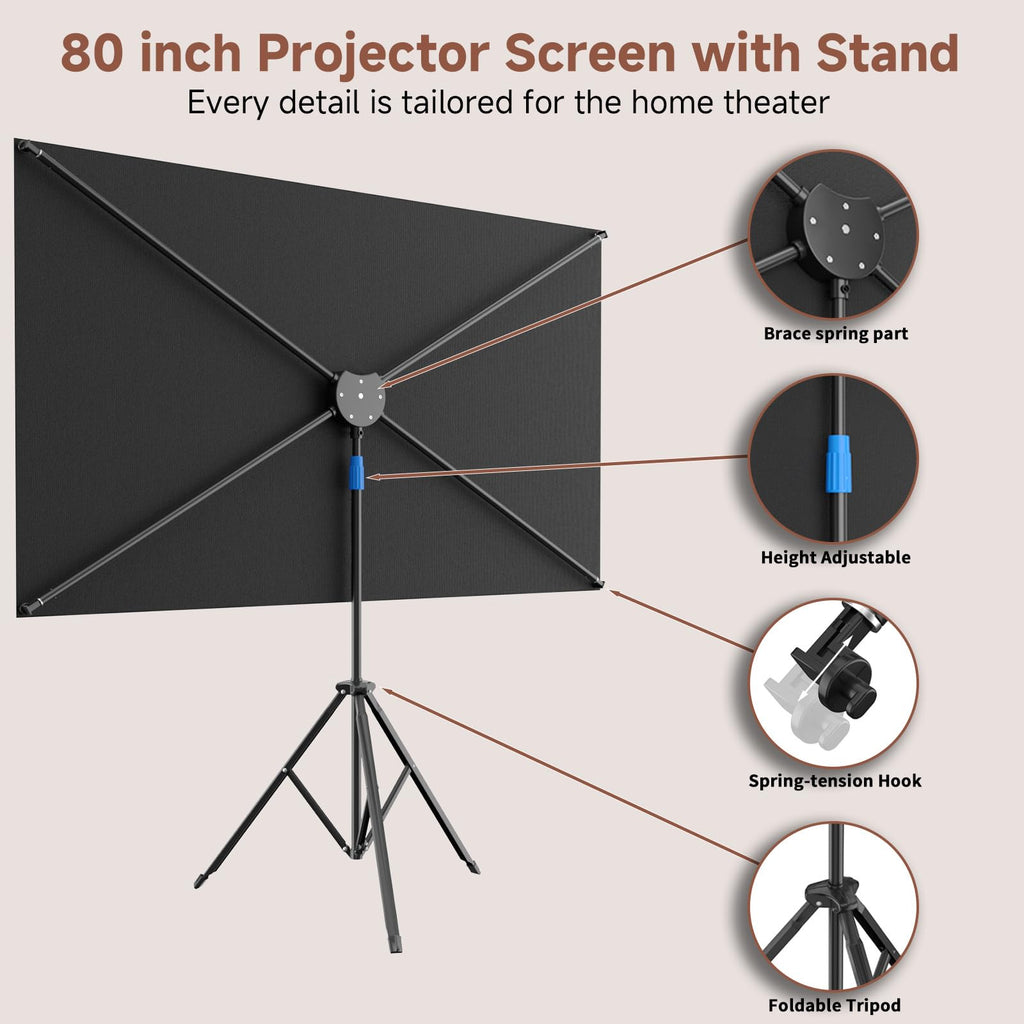 Projector Screen with Stand, 80 Inch Portable Projector Screen Outdoor Indoor, 1.2 Gain Fiberglass Projection Screen, 16:9 Outdoor Movie PVC Screen with Carrying Bag for Movie Night(White Screen)