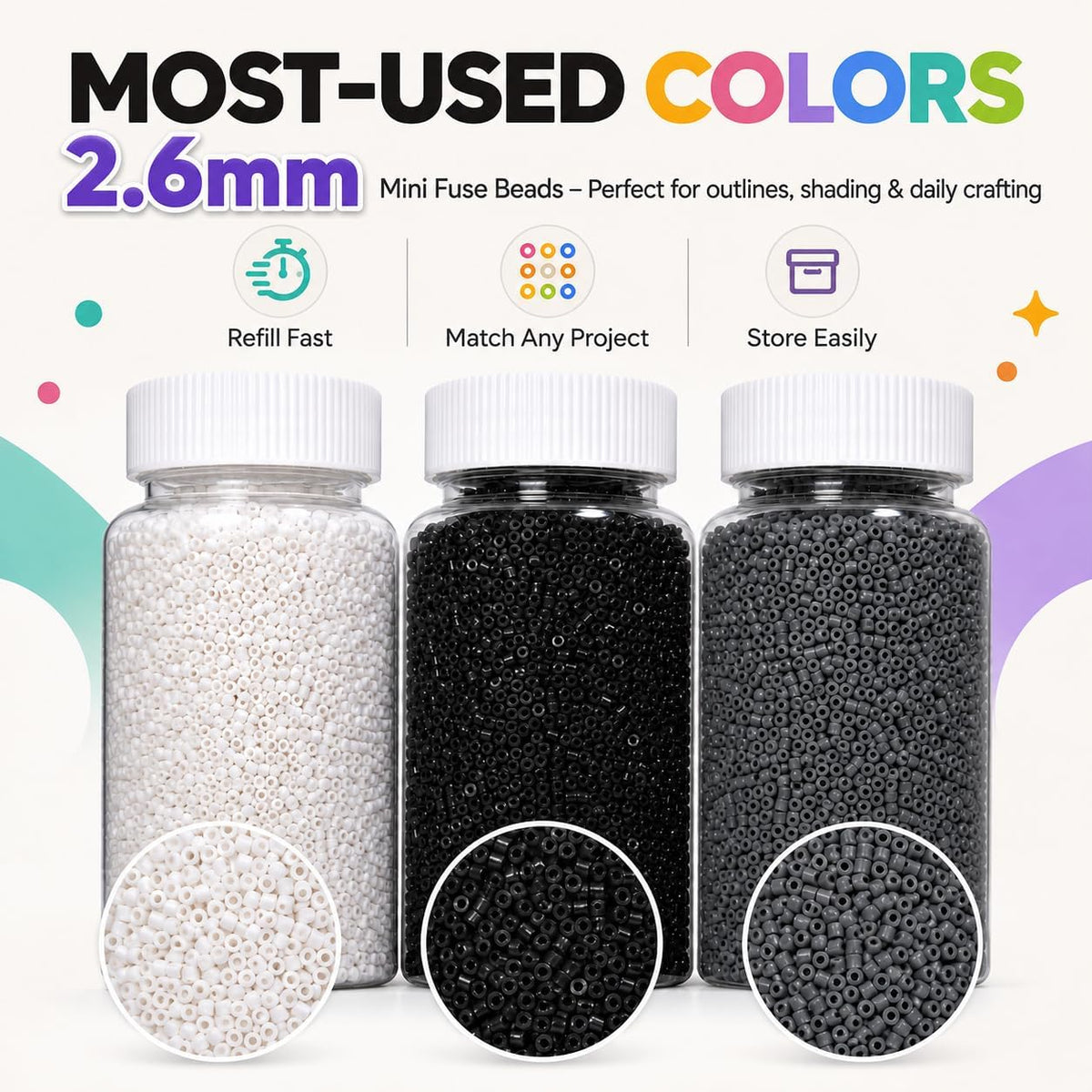 30000PCS+ 2.6mm Fuse Beads Refill Kit, 3 Neutral Colors Black White Grey 1W+/Colors Iron Beads in Storage Bottles, Standard Size Melty Beads for DIY Crafts, Pixel Art and Creative Art Projects