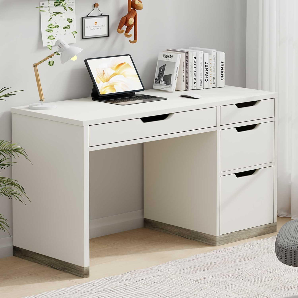 MaverickFurni White Desk with Drawers, 48 Inch Small Computer Desk