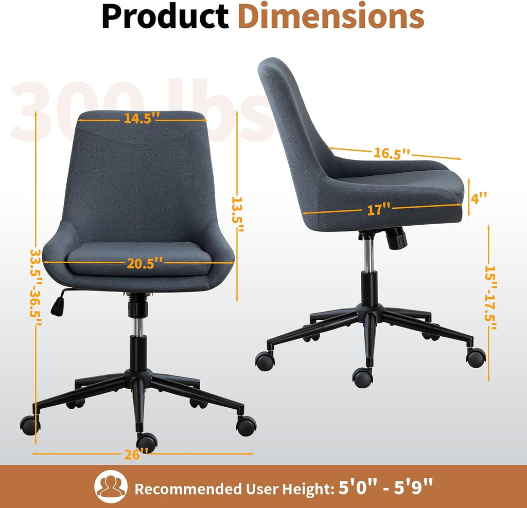 Home Armless Office Desk Chair, Linen Small Computer Chair with Adjustable Height, Removable Cushion, Comfy Rolling 360° Swivel Vanity Task Chair, Blue
