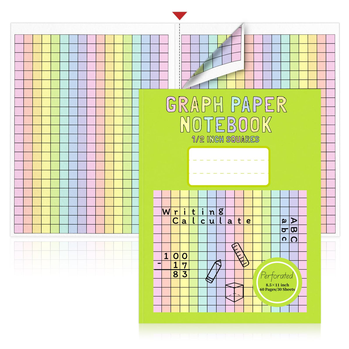2 Pack 8.5×11 Colored Graph Paper Pad Math Notebook Graph Paper 1/2 Inch Squares Large Quad Ruled Grid Composition Book Colored Grid Notebook Exercise 30 Sheets for Kids Dyslexia Dysgraphia School