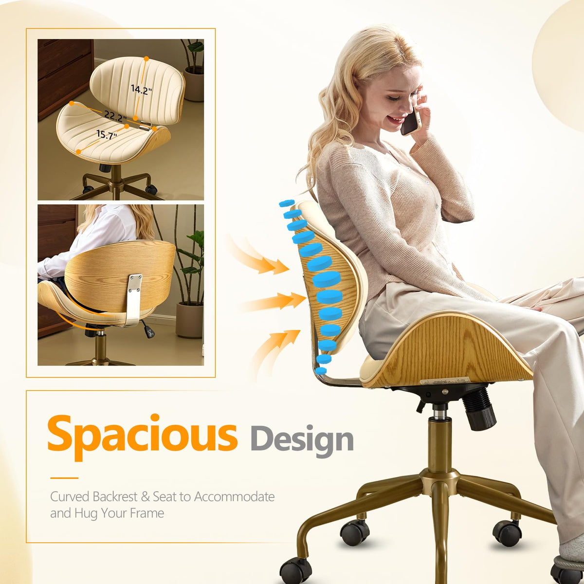 VINGLI Wide Comfotable Swivel Home Office Chair with Wood-Grain Curved Shell,Ergomomic Mid-Back Padded Armless Modern Desk Chair with Wheels,Height Adjustable for Computer,Task,Work,Microfiber,Rustic