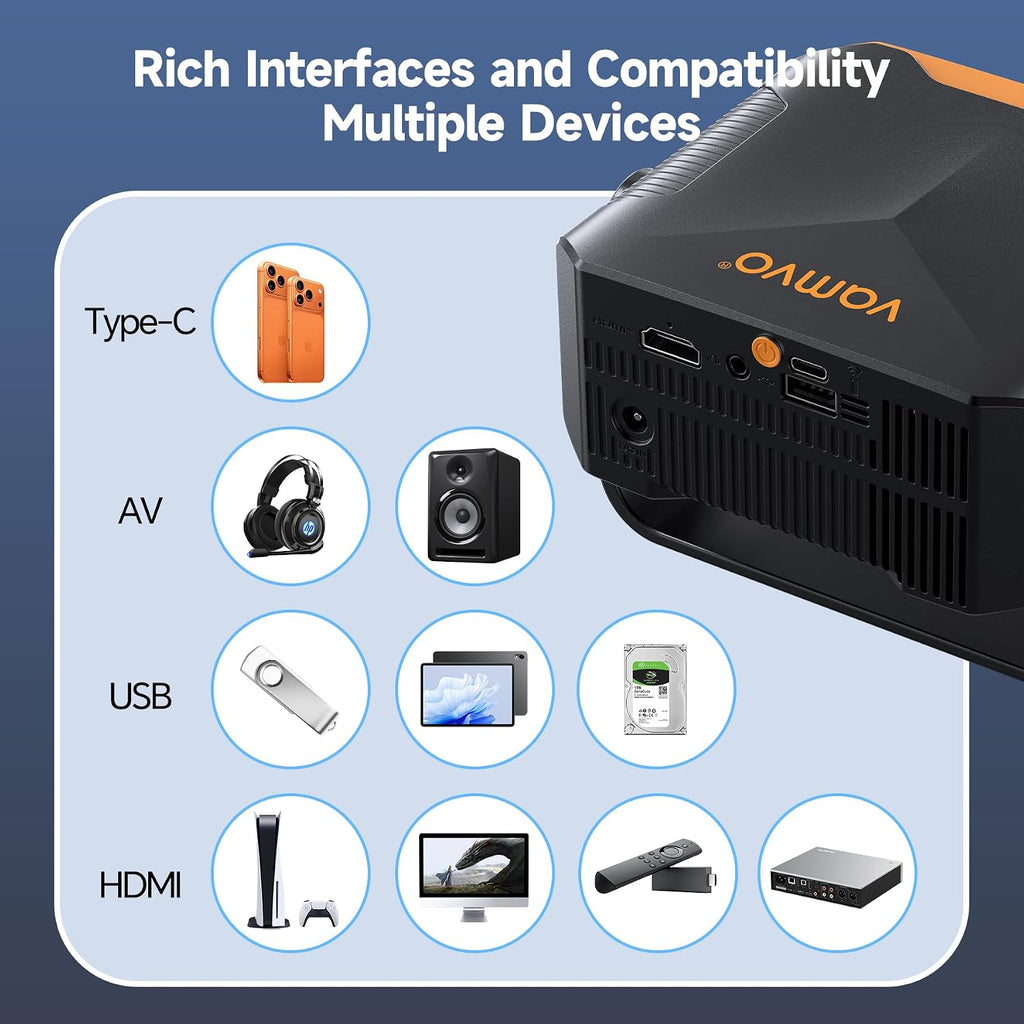 Projector with WiFi and Bluetooth, Auto Keystone, Remote, Focus HDMI USB Compatible with iOS/Android Phone, Laptop, TV Stick, PS5, Home Theater (Black-Yellow)