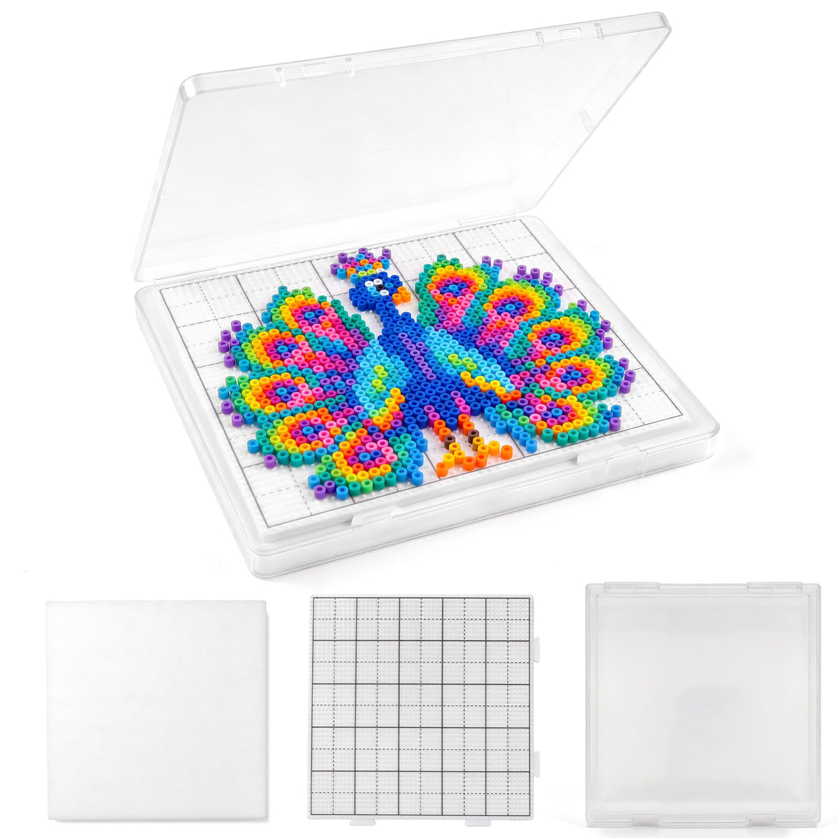 Large 104-Peg Fuse Beads Pause Box with Board – Spill-Proof WIP Keeper with Shockproof Sponge Pad, Portable Travel Craft Case for 2.6mm Beads, Compatible with 52, 78 & 104 Pegboards