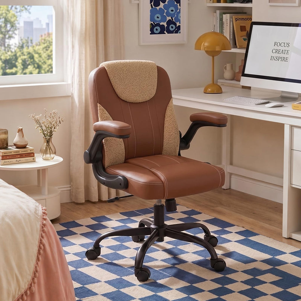 PU Leather Mid-Back Office Chair, Flip-Up Arms, 3.5" Dual-Layer Cushion