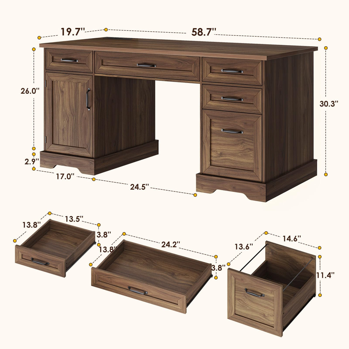 OffiGo Farmhouse 59 Inch Executive Desk with Drawers, Walnut+White