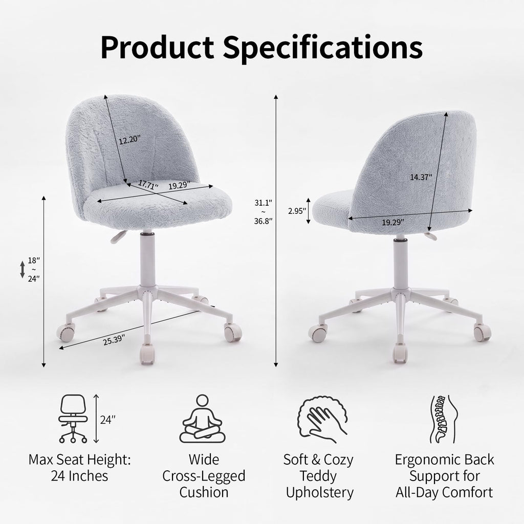 White Vanity Chair with Wheels＆Back, Armless Cute Desk Chair