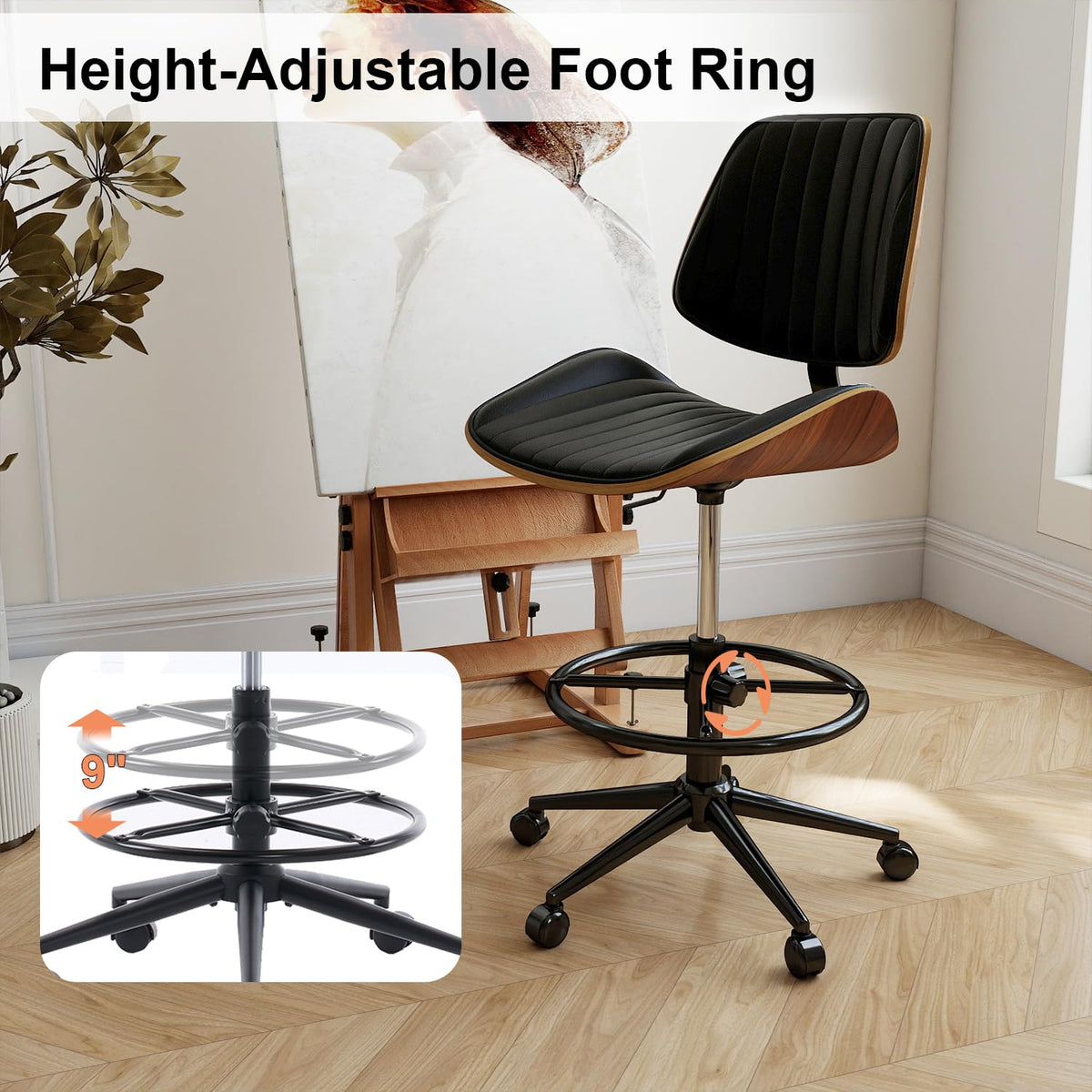 Drafting Chair, Ergonomic Office Chair with Walnut Wood Back Support, Armless PU Leather Desk Chair with Height-Adjustable, Thick Cushion for Home Office, Drafting, Art Studio (Beige)