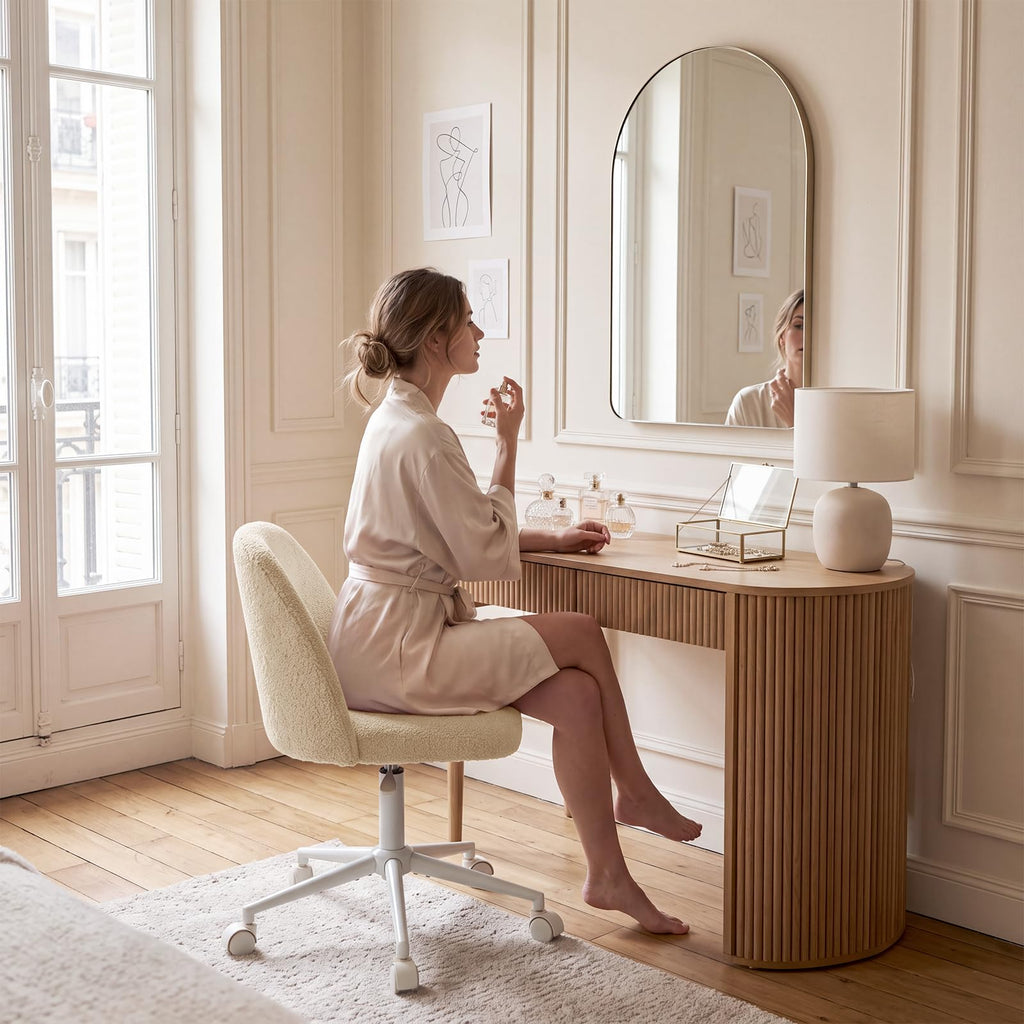 White Vanity Chair with Wheels＆Back, Armless Cute Desk Chair