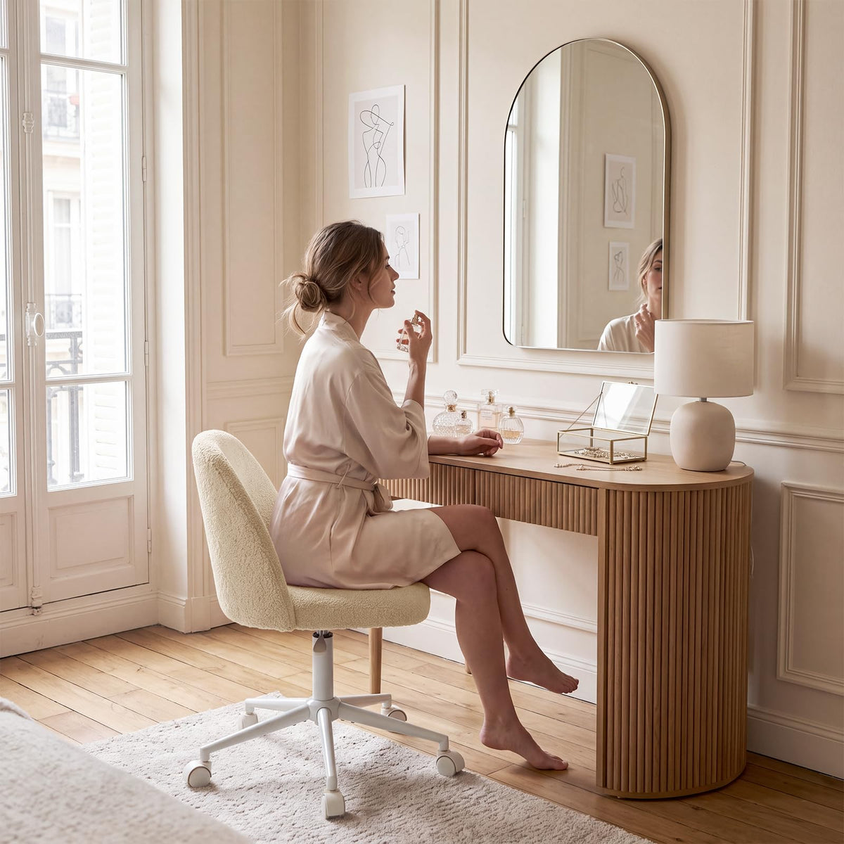 White Vanity Chair with Wheels＆Back, Armless Cute Desk Chair
