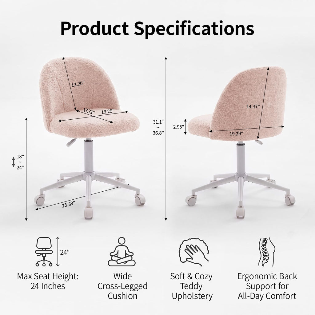 White Vanity Chair with Wheels＆Back, Armless Cute Desk Chair
