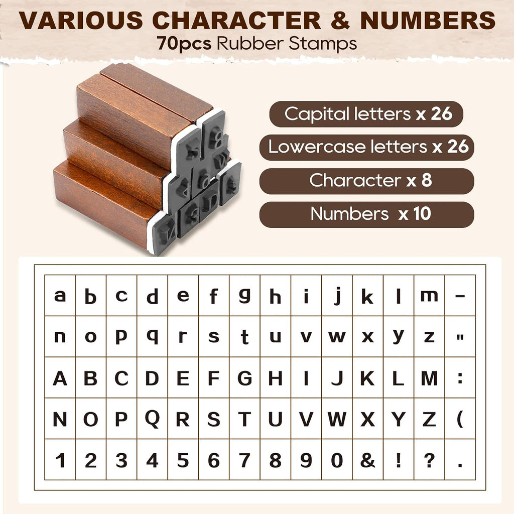 UCEC CRAFT: 70-Piece Alphabet Rubber Stamp Set for Clay & Crafting – Letters, Numbers & Punctuation