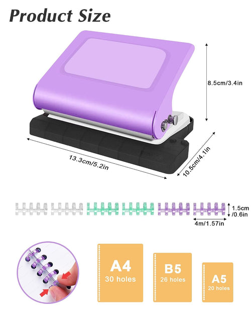 10 Hole Punch Binding Machine for Planners,Paper Puncher with Binder Rings,Punches Holes on B5,A4,A5 Paper,Metal Manual Binding System,Handheld Metal Circle Paper Puncher for Home Office Study,Purple