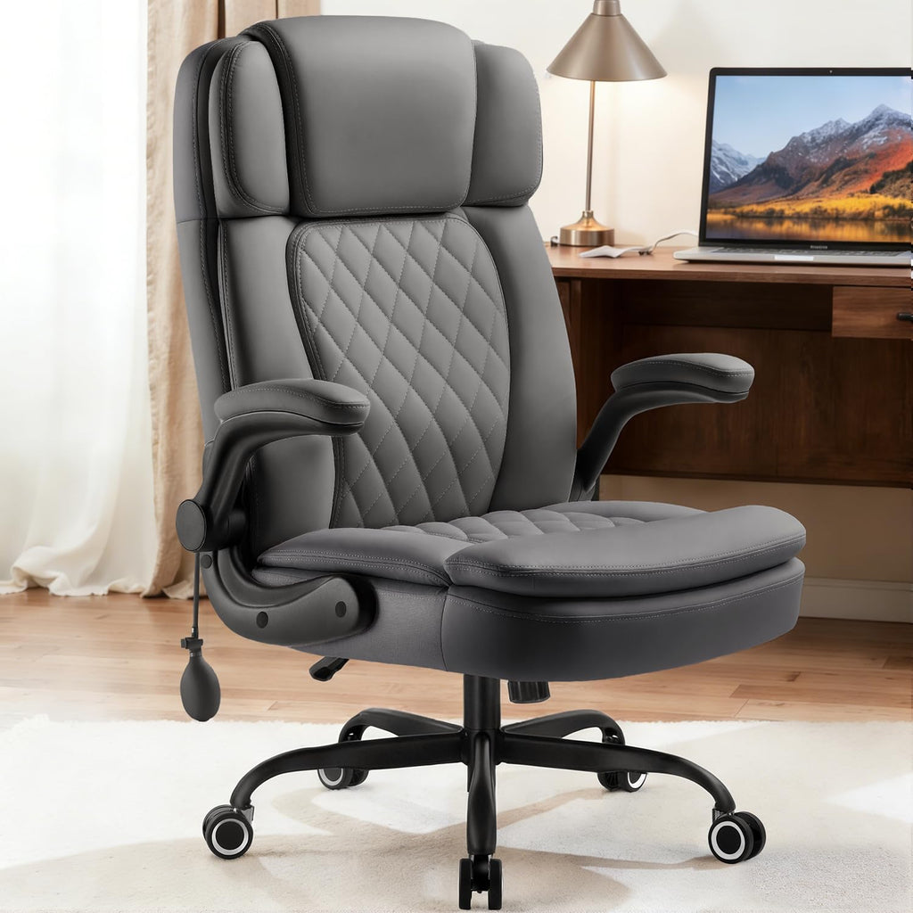 450LBS Big and Tall Executive Office Chair with Flip up Arm, Heavy Duty PU Leather Computer Desk Chair,Comfortable High Back Swivel Home Office Chair with Rolling for Adults,Spring Cushion,Metal Base